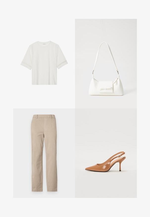Witte korte mouwen t-shirt van katoen, met een decoratieve kantafwerking langs de mouwen en een ronde halslijn.; Beige katoenen broeken met een rechte pijpontwerp, voorzien van riemlussen en zonder zichtbare versieringen of patronen.; Puntige slingback hak in een glad, glanzend beige materiaal. Bevat een gebogen uitsnijdontwerp en een slanke stiletto hak. Zilveren gesp detail.; Witte synthetische handtas met een driehoekige vorm, platte voorklep en strikdetail, verstelbare schouderriem, gladde textuur en minimalistisch ontwerp.