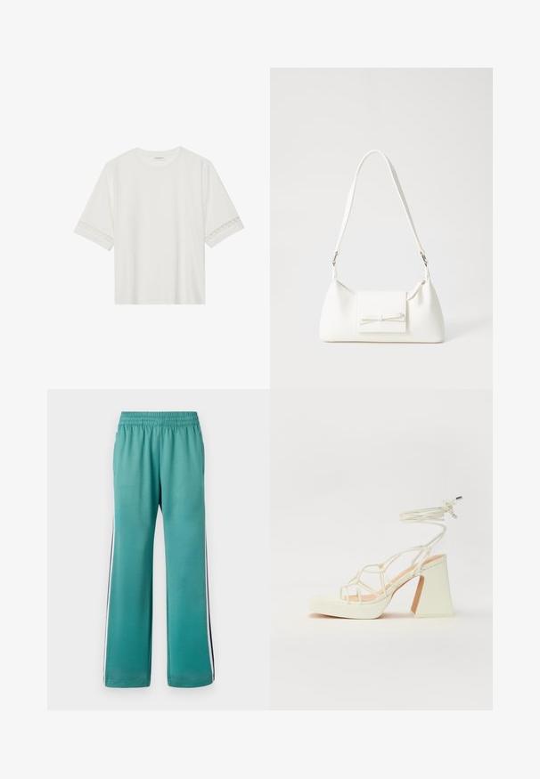 Hvid kortærmet t-shirt lavet af bomuld, med dekorativ blondekant langs ærmerne og en rund halsudskæring.; Teal sweatpants med elastisk talje, brede ben og sidelister i marineblå og hvid. Glat stof med mat overflade.; Hvide højhælede sandaler med en kraftig hæl, der har et stropdesign og ankelbinding. Glat tekstur med en platform foran for ekstra højde.; Hvid syntetisk håndtaske med en trekantet form, flad forsideklap og sløjfedetalje, justerbar strop, glat tekstur og minimalistisk design.
