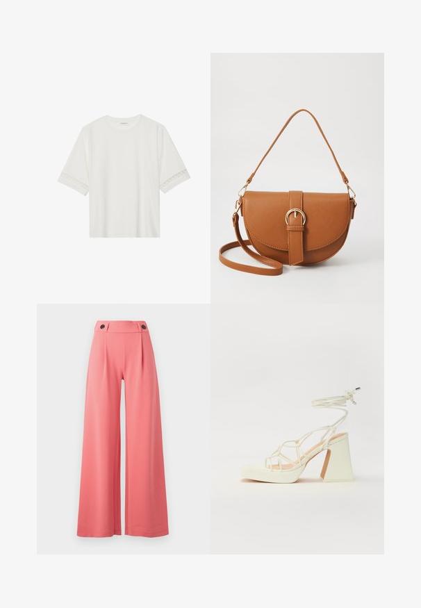 Balta īsām piedurknēm T-kreklu, izgatavotu no kokvilnas, ar dekoratīvu mežģīņu apdari ap piedurknēm un apaļu kakla izgriezumu.; Platas kājas bikses korallkrāsā, ar augstu jostasvietu un divām melnām pogām, izgatavotas no gludas auduma ar strukturētu dizainu.; Baltas augstpapēžu sandales ar masīvu papēdi, ar siksnu dizainu un potītes saistītiem elementiem. Gluda tekstūra ar platformu priekšpusē, lai nodrošinātu papildu augstumu.; Brūns ādas plecu soma ar izliekta formu, zelta piederumiem un sprādzes akcentu. Iesaiņota ar noņemamu plecu siksnu.