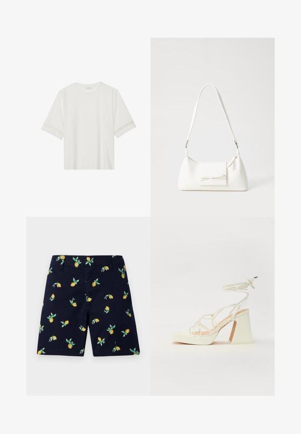 Bílé tričko s krátkým rukávem vyrobené z bavlny, s dekorativní krajkovou aplikací na rukávech a kulatým výstřihem.; Námořnické kraťasy s motivem citronů a listů. Vyrobené z lehké látky, s rovného střihu a bočními kapsami.; Bílé sandály na vysokém podpatku s robustním podpatkem, s designem s pásky a zavazováním kolem kotníku. Hladký povrch s platformou vpředu pro zvýšení výšky.; Bílá syntetická kabelka v trojúhelníkovém tvaru, s plochým předním klopným víkem a detailem mašle, nastavitelným popruhem, hladkým povrchem a minimalistickým designem.