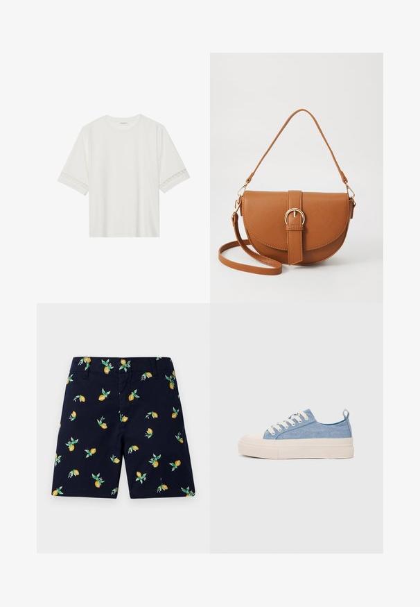 Balta trumpomis rankovėmis marškinėliai, pagaminti iš medvilnės, su dekoratyviais nėriniais aplink rankoves ir apvaliu kaklu.; Tamsiai mėlynos šortai su citrinos ir lapų raštu. Pagaminti iš lengvos medžiagos, tiesaus kirpimo, su šoniniais kišenėmis.; Šviesiai mėlyni drobės sportbačiai su kreminiu guminiu pirštų apsaugos ir pado elementu, balti raišteliai ir kilpa ant kulno.; Ruda odinė kryžminė rankinė, turinti kreivą formą, auksinius metalinius elementus ir sagtį. Yra nuimama petneša.