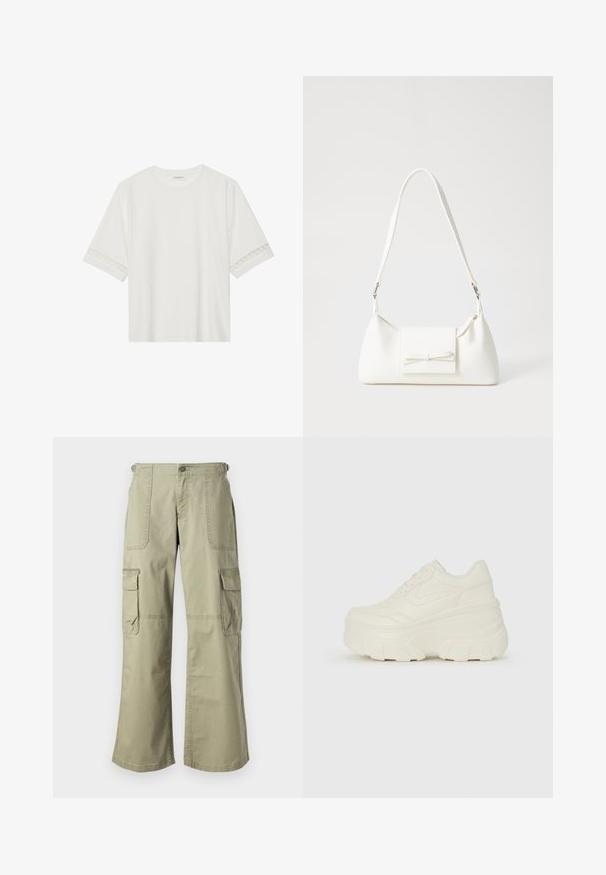 T-shirt branco de manga curta feito de algodão, com bainha de renda decorativa nas mangas e decote redondo.; Calças cargo caqui de fit relaxado, apresentando dois bolsos laterais, um fecho frontal com botão e pernas largas. Tecido de algodão com textura suave.; Tênis brancos de plataforma com um cabedal suave semelhante a couro, formato arredondado, colarinho acolchoado e sola de borracha texturizada com ranhuras bem definidas.; Mala sintética branca com formato triangular, aba frontal plana e detalhe de laço, alça ajustável, textura suave e design minimalista.