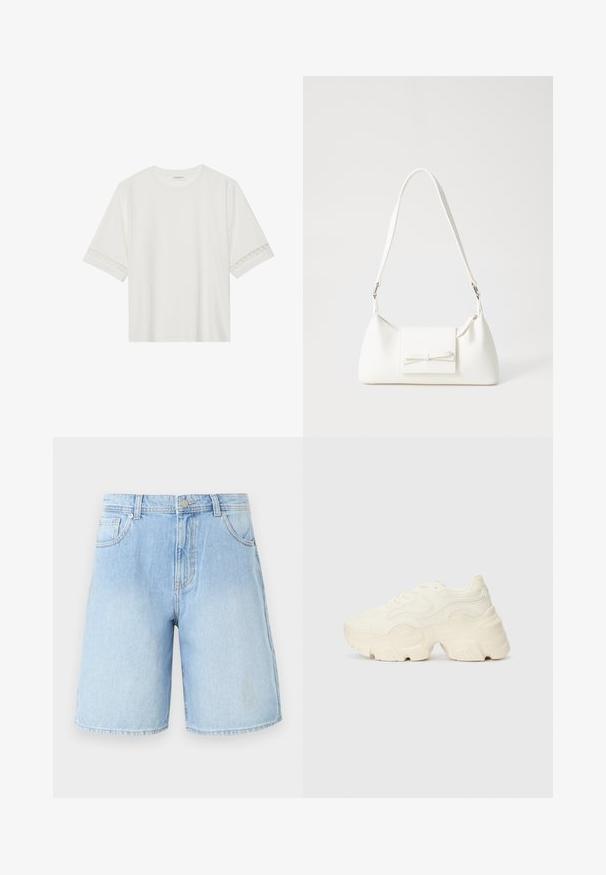 Bjela majica kratkih rukava od pamuka, s dekorativnom čipkastom obrubom duž rukava i okruglim izrezom.; Svijetloplave traper kratke hlače ravnog kroja, s pet džepova i zatvaranjem na gornji gumb. Oprani izgled s vidljivim detaljima šivanja.; Masivne bijele tenisice od teksturirane mreže i sintetičkih materijala, sa debelim potplatom i složenim uzorcima duž strana.; Bijela sintetička torbica s trokutastim oblikom, ravnim prednjim poklopcem i detaljem u obliku mašne, podesivom remenom, glatkom teksturom i minimalističkim dizajnom.