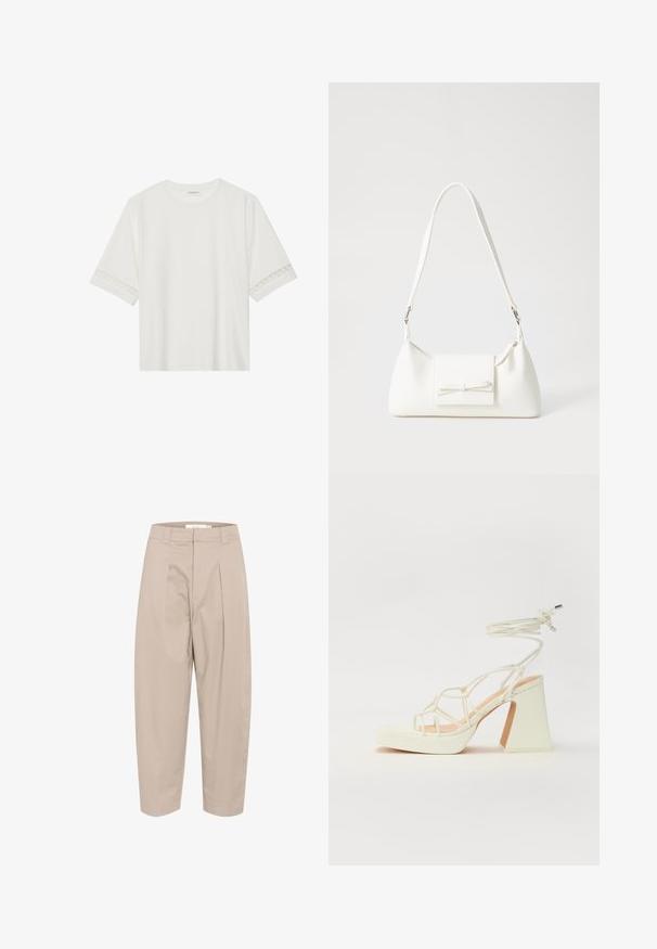 Witte korte mouwen t-shirt van katoen, met een decoratieve kantafwerking langs de mouwen en een ronde halslijn.; Beige, katoenen broek in een losse pasvorm, met voorplooien, een taillenaad en cropped enkels. Eenvoudig ontwerp, zonder patronen of accenten.; Witte hoge hakken sandaal met een chunky hak, met een bandjesontwerp en enkelband. Gladde textuur met een plateau voor extra hoogte.; Witte synthetische handtas met een driehoekige vorm, platte voorklep en strikdetail, verstelbare schouderriem, gladde textuur en minimalistisch ontwerp.