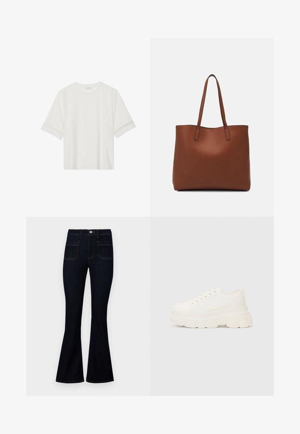Fehér, rövid ujjas póló, pamutból készült, díszes csipkés szegéllyel az ujjak mentén és kerek nyakkivágással.; Sötétkék, bővülő szárú farmerek magas derékkal, denim anyagból, két hátsó zsebből és kontrasztos varrással a varratok mentén.; Fehér vászon sportcipő vastag talppal, lekerekített orral és öt fűzőlyukkal. Hátulján egy fül a könnyű felvétel érdekében. Simára kidolgozott textúra, minimális dizájn.; Barna bőr vászontáska sima textúrával, nyitott tetejű dizájnnal és két vállpánttal. Minimális varrással és látható hardver nélkül készült.