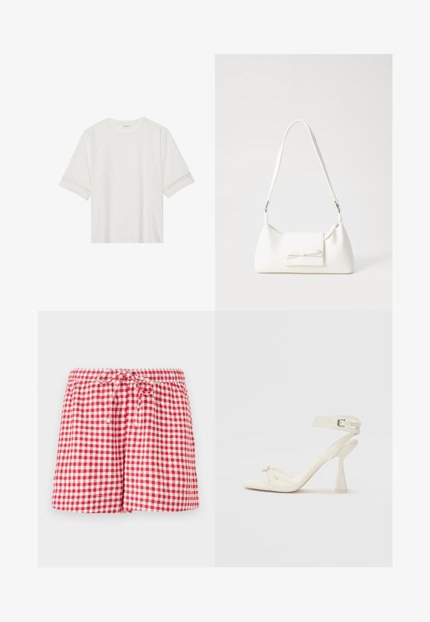 Balta trumpomis rankovėmis marškinėliai, pagaminti iš medvilnės, su dekoratyviais nėriniais aplink rankoves ir apvaliu kaklu.; Raudoni ir balti kvadratiniai šortai su elastine juostele ir raišteliu. Yra laisvas siluetas ir apdailinti kraštai. Audinys atrodo lengvas.; Baltos odinės aukštakulnės sandalai su dirželiais, elegantiško dizaino, skaidriu blokiniu kulnu ir dekoratyviu elementu ant piršto.; Balta sintetinė rankinė trikampio formos, plokščiu priekiu su užsegimu, kaspino detale, reguliuojama dirželiu, lygia tekstūra ir minimalistišku dizainu.