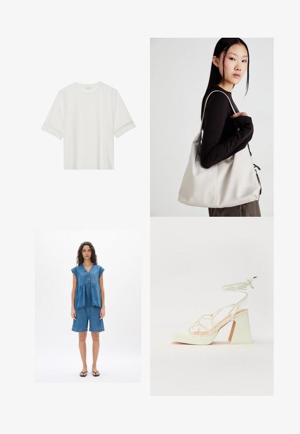 Bela kratka majica s kratkimi rokavi iz bombaža, okrašena z dekorativnim čipkastim robom ob rokavih in okroglo izrezom.; Denim obleka, ki vključuje kratke rokave, top z V-izrezom in hlače do kolen. Tkanina je modra, s prostim krojem in vidnimi šivi.; Bela sandala na visokih petah s debelim petam, ki ima obliko trakcev in vezanje okoli gležnja. Gladka tekstura z platformo spredaj za dodatno višino.; Bežna torbica iz mehkega materiala, z ohlapno zasnovo, šivi in dvema naramnicama. Primerna za vsakodnevno uporabo.