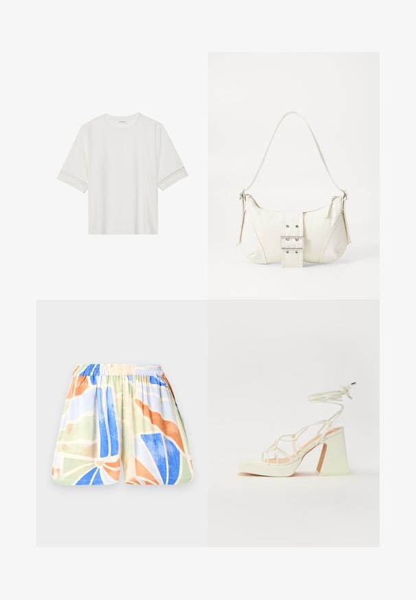 Tricou alb cu mânecă scurtă, confecționat din bumbac, cu dantelă decorativă pe marginea mânecilor și un guler rotund.; Shorts dintr-un material ușor, cu talie elastică. Prezintă un model geometric multicolor în nuanțe de albastru, portocaliu, verde și bej.; Sandale albe cu toc înalt și gros, cu un design cu curele și legătură la gleznă. Textură netedă, cu o platformă frontală pentru înălțime suplimentară.; Geantă albă de umăr cu un finisaj texturat, un accent cu cataramă centrală și o formă curbată. Încărcătoare cu fermoar pe ambele laturi.
