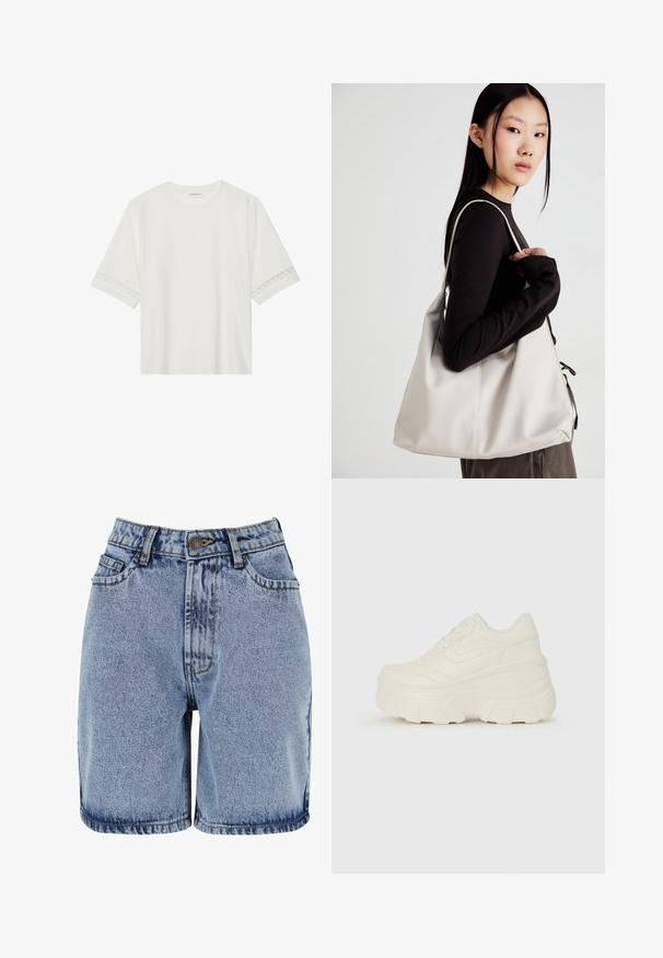 Fehér, rövid ujjas póló, pamutból készült, díszes csipkés szegéllyel az ujjak mentén és kerek nyakkivágással.; Világoskék mosású farmer rövidnadrág, öt zsebbel, látható varrással és gombos záródással, egyenes szabással és felgöngyölt szegéllyel.; Fehér platform sportcipők, sima bőrszerű felsőrésszel, kerek formával, párnázott bokával és texturált gumitalppal, jól definiált mintázattal.; Puha anyagból készült bézs kézitáska, laza dizájnnal, varrott részletekkel és két vállpánttal. Mindennapi használatra alkalmas.