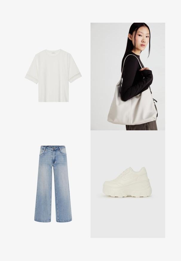 White short-sleeve t-shirt made from cotton, featuring decorative lace trim along the sleeves and a round neckline.; Light blue wide-leg jeans featuring a high waist, five pockets, and contrast stitching. Made from denim with a smooth texture.; White platform sneakers featuring a smooth leather-like upper, rounded shape, padded collar, and textured rubber sole with defined treads.; Beige handbag made of soft material, featuring a slouchy design, stitched detailing, and two shoulder straps. Suitable for everyday use.