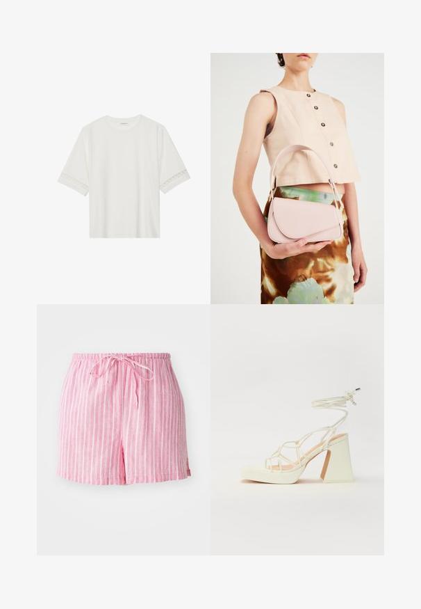 Hvit t-skjorte med kort erme laget av bomull, med dekorativ blondekant langs ermene og en rund halslinning.; Rosa stripete shorts med elastisk midjebånd og snor, laget av lett stoff og med en avslappet passform. Utsmykket med sidesplitter.; Hvit høyhælte sandal med kraftig hæl, med en stroppe-design og ankelbånd. Glatt tekstur med plattform foran for ekstra høyde.; Rosa skinnhåndveske med buet klaff, enkel skulderrem og rene linjer. Vesken har en glatt tekstur og minimalistisk design.