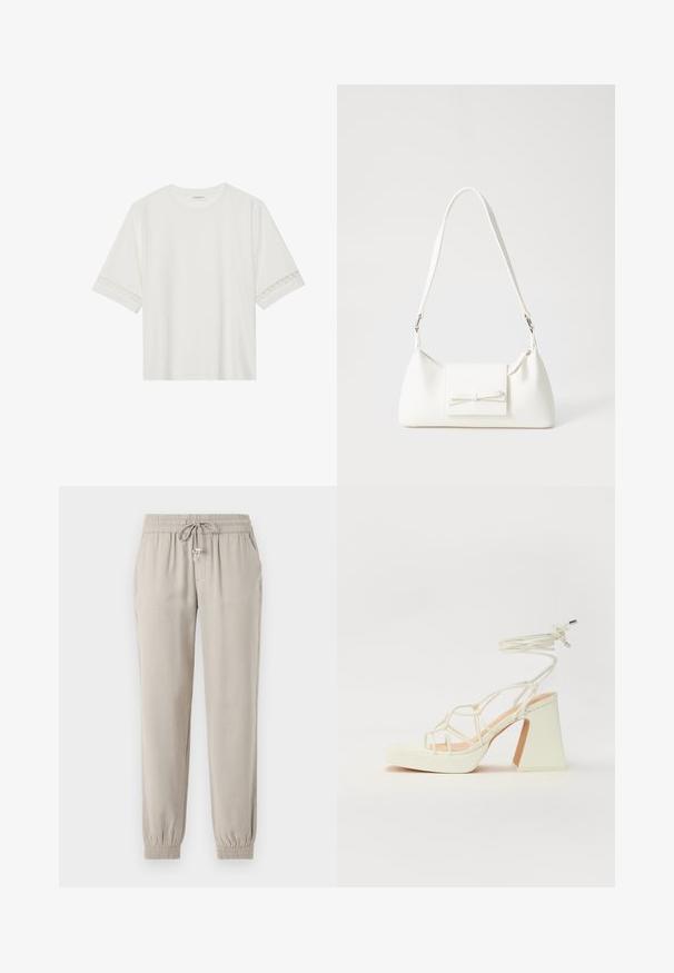 Hvid kortærmet t-shirt lavet af bomuld, med dekorativ blondekant langs ærmerne og en rund halsudskæring.; Lys beige jogger-bukser lavet af blødt stof, med en elastisk talje med snor, sidelommer og elastiske manchetter.; Hvide højhælede sandaler med en kraftig hæl, der har et stropdesign og ankelbinding. Glat tekstur med en platform foran for ekstra højde.; Hvid syntetisk håndtaske med en trekantet form, flad forsideklap og sløjfedetalje, justerbar strop, glat tekstur og minimalistisk design.