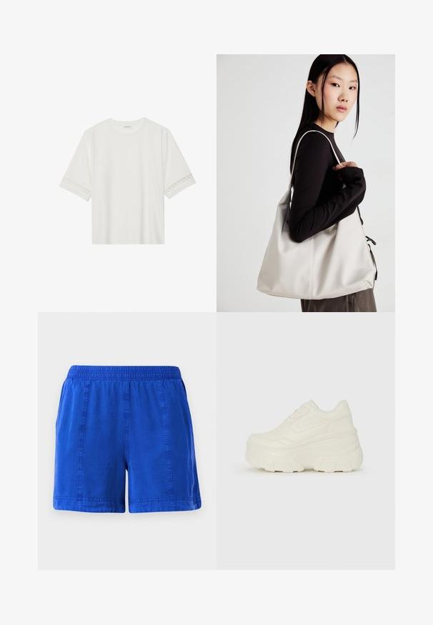 Witte korte mouwen t-shirt van katoen, met een decoratieve kantafwerking langs de mouwen en een ronde halslijn.; Blauwe katoenen shorts met een elastische tailleband, zijzakken en gestikte naden, met een zachte textuur en een casual ontwerp.; Witte platform sneakers met een gladde leren bovenkant, afgeronde vorm, gewatteerde kraag en een gestructureerde rubberen zool met duidelijke profiel.; Beige handtas gemaakt van zacht materiaal, met een slonzig ontwerp, gestikte details en twee schouderbanden. Geschikt voor dagelijks gebruik.