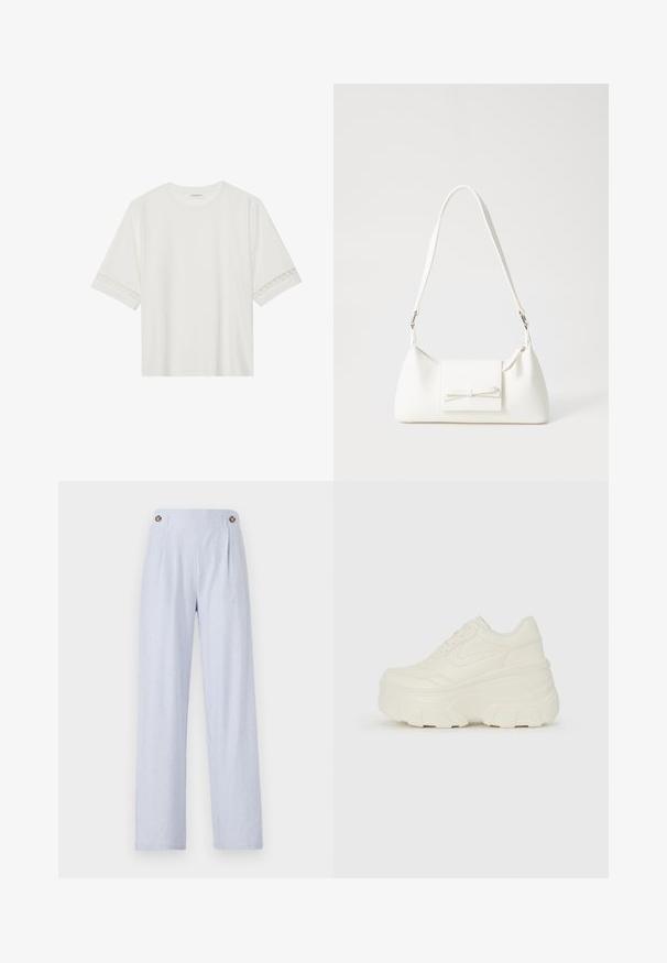 Bjela majica kratkih rukava od pamuka, s dekorativnom čipkastom obrubom duž rukava i okruglim izrezom.; Svijetloplave prugaste hlače širokog kroja, sa dva istaknuta dugmeta na pojasu i mekim materijalom.; Bijele platformske tenisice s glatkim gornjim dijelom koji nalikuje koži, zaobljenim oblikom, podstavljenim okvirom i teksturiranim gumeni potplat s definiranom profilacijom.; Bijela sintetička torbica s trokutastim oblikom, ravnim prednjim poklopcem i detaljem u obliku mašne, podesivom remenom, glatkom teksturom i minimalističkim dizajnom.