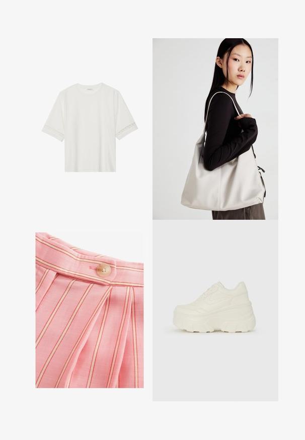 Camiseta blanca de manga corta hecha de algodón, con un ribete decorativo de encaje en las mangas y un escote redondo.; Tejido rosa claro con rayas rojas verticales, pliegues relajados y un cierre de botón redondeado en la cintura. Textura suave.; Zapatillas de plataforma blancas con un upper suave similar al cuero, forma redondeada, cuello acolchado y suela de goma texturizada con surcos definidos.; Bolso de mano beige hecho de material suave, con un diseño holgado, detalles cosidos y dos asas. Adecuado para uso diario.