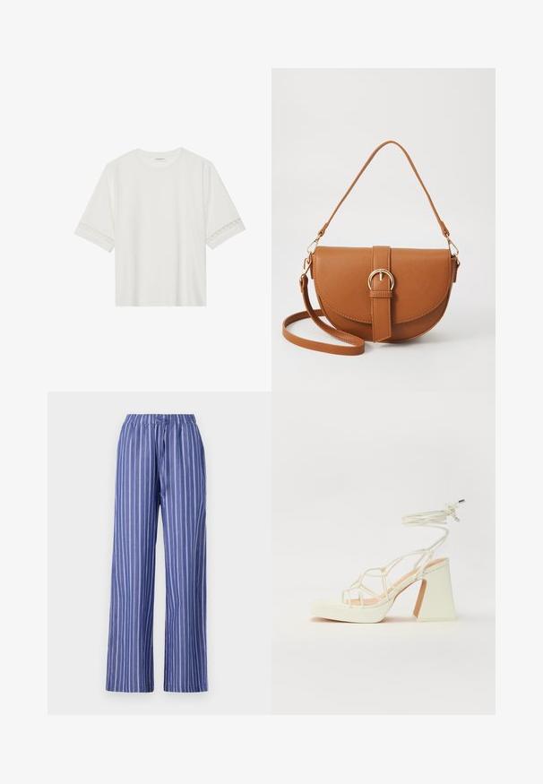 T-shirt branco de manga curta feito de algodão, com bainha de renda decorativa nas mangas e decote redondo.; Calças largas listradas em azul e branco com um cós elástico, feitas de tecido leve, apresentando um corte descontraído e uma textura suave.; Sandálias brancas de salto alto com um salto robusto, apresentando um design com tiras e amarração no tornozelo. Textura suave com uma plataforma na frente para altura adicional.; Bolsa transversal de couro castanho com um formato curvado, ferragens douradas e um detalhe de fivela. Inclui uma alça de ombro destacável.