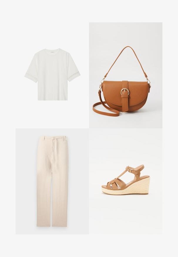 Balta īsām piedurknēm T-kreklu, izgatavotu no kokvilnas, ar dekoratīvu mežģīņu apdari ap piedurknēm un apaļu kakla izgriezumu.; Beigu linu bikses ar taisnu kāju dizainu, ar pogu aizdari un auduma jostu viduklī, dodot vieglu un teksturētu izskatu.; Brūnas siksnu sandales ar krusteniskām siksnām, regulējamu potītes sprādzi un teksturētu auduma espadrilju stila papēdi.; Brūns ādas plecu soma ar izliekta formu, zelta piederumiem un sprādzes akcentu. Iesaiņota ar noņemamu plecu siksnu.