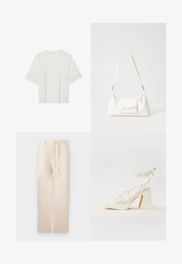 Witte korte mouwen t-shirt van katoen, met een decoratieve kantafwerking langs de mouwen en een ronde halslijn.; Beige linnen broek met een rechte pijpdesign, voorzien van een knoopsluiting en een stoffen riem in de taille, wat een lichte en gestructureerde uitstraling geeft.; Witte hoge hakken sandaal met een chunky hak, met een bandjesontwerp en enkelband. Gladde textuur met een plateau voor extra hoogte.; Witte synthetische handtas met een driehoekige vorm, platte voorklep en strikdetail, verstelbare schouderriem, gladde textuur en minimalistisch ontwerp.
