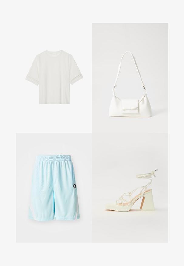 Bela kratka majica s kratkimi rokavi iz bombaža, okrašena z dekorativnim čipkastim robom ob rokavih in okroglo izrezom.; Svetlo modri športni šortisi, ki se ponašajo z zračnim materialom, elastičnim pasom, stranskimi žepe in diskretno karirasto obrobo. Črna podrobnost logotipa.; Bela sandala na visokih petah s debelim petam, ki ima obliko trakcev in vezanje okoli gležnja. Gladka tekstura z platformo spredaj za dodatno višino.; Bela sintetična torbica v obliki trikotnika, z ravnim sprednjim poklopcem in detajlom mašne, nastavljivim trakom, gladko teksturo in minimalističnim dizajnom.
