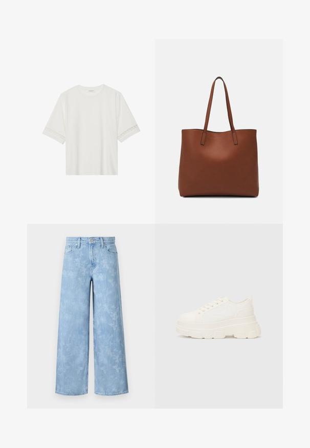Bela kratka majica s kratkimi rokavi iz bombaža, okrašena z dekorativnim čipkastim robom ob rokavih in okroglo izrezom.; Svetlo modri široki jeans, ki imajo izbledel cvetlični vzorec, pet žepov in gumbasto zapiranje v pasu. Denimska tkanina z rahlo teksturo.; Bela platnena teniska z debelim podplatom, okroglo konico in petimi luknjicami za vezalke. Zadaj je dodana zanka za enostavno obuvanje. Gladka tekstura, minimalistična zasnova.; Rjava usnjena torba z gladko teksturo, odprto zasnovo zgoraj in dvema naramnima trakovoma. Opremljena je z minimalnim šivanjem in brez vidnih kovinskih delov.