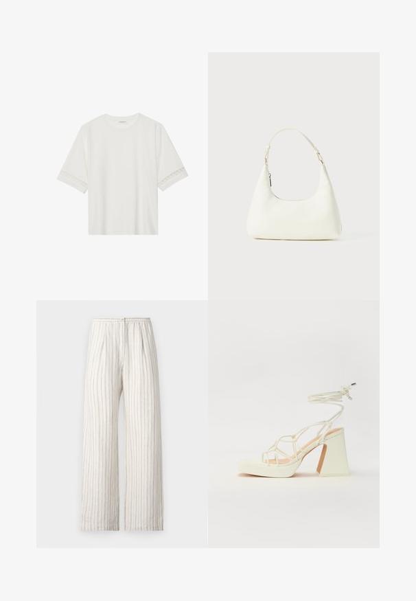 T-shirt branco de manga curta feito de algodão, com bainha de renda decorativa nas mangas e decote redondo.; Samsøe Samsøe SATOVE TROUSERS - Calças - egret; Sandálias brancas de salto alto com um salto robusto, apresentando um design com tiras e amarração no tornozelo. Textura suave com uma plataforma na frente para altura adicional.; Pequena bolsa de ombro branca com uma única alça ajustável e fecho com zíper, colocada sobre um fundo branco liso.