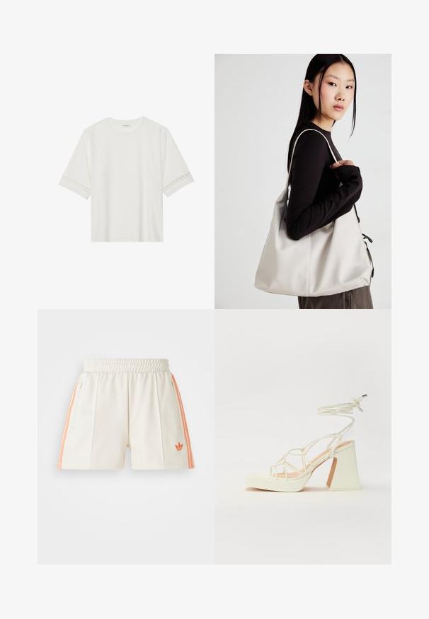 Bela kratka majica s kratkimi rokavi iz bombaža, okrašena z dekorativnim čipkastim robom ob rokavih in okroglo izrezom.; Bele atletske kratke hlače z elastičnim pasom, ki imajo oranžne stranske črte in vezeno logotip na levem robu. Gladka tekstura tkanine.; Bela sandala na visokih petah s debelim petam, ki ima obliko trakcev in vezanje okoli gležnja. Gladka tekstura z platformo spredaj za dodatno višino.; Bežna torbica iz mehkega materiala, z ohlapno zasnovo, šivi in dvema naramnicama. Primerna za vsakodnevno uporabo.