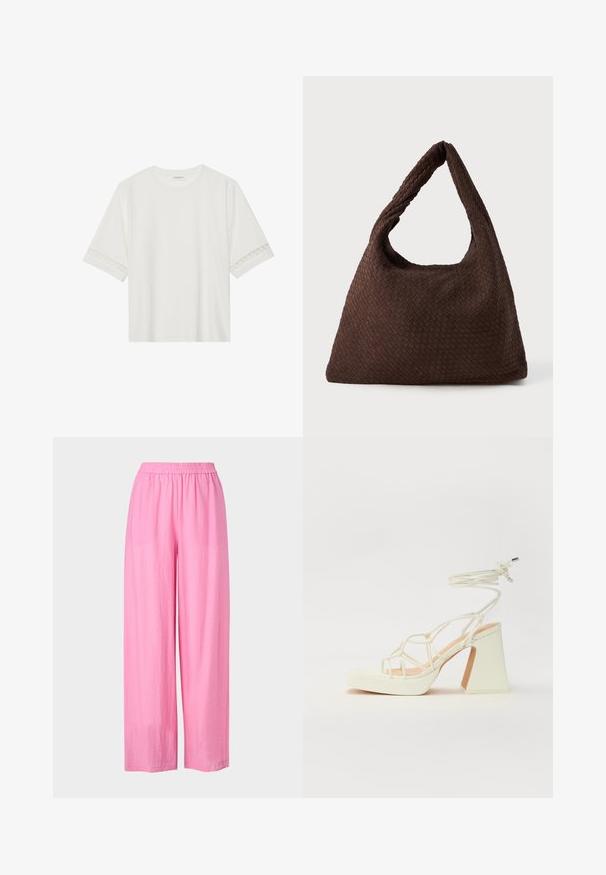 Camiseta blanca de manga corta hecha de algodón, con un ribete decorativo de encaje en las mangas y un escote redondo.; Pantalones de pierna ancha en color rosa, confeccionados con una tela ligera y con una cinturilla elástica. Textura suave, sin patrones visibles ni detalles.; Sandalia de tacón alto blanca con un tacón grueso, que presenta un diseño de tiras y un lazo en el tobillo. Textura suave con una plataforma en la parte delantera para mayor altura.; Bolso de mimbre marrón con forma relajada, una sola asa en bucle y una superficie texturizada. El diseño presenta un estilo hobo sin hardware adicional.