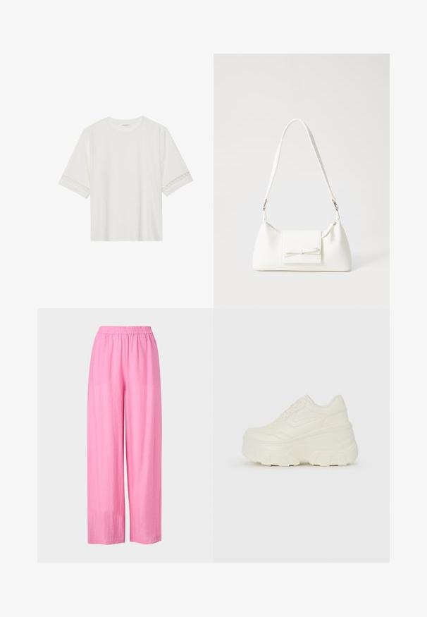 White short-sleeve t-shirt made from cotton, featuring decorative lace trim along the sleeves and a round neckline.; Pink wide-leg pants made from lightweight fabric with an elastic waistband. Smooth texture, no visible patterns or accents.; White platform sneakers featuring a smooth leather-like upper, rounded shape, padded collar, and textured rubber sole with defined treads.; White synthetic handbag with a triangular shape, flat front flap and bow detail, adjustable strap, smooth texture, and minimalistic design.