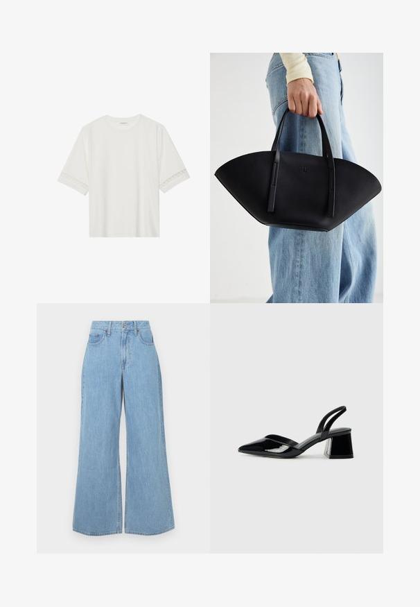 Vit kortärmad t-shirt i bomull, med dekorativa spetsdetaljer längs ärmarna och rund halsringning.; Ljust blå vida jeans i denim, med hög midja, framfickor och rå söm med subtil blekning och texturerad finish.; Svarta lackläder slingback klackar med spetsig tå och geometrisk klack. Har en elegant, minimalistisk design och slät yta.; Svart läderhandväska med en unik fläktform, som har platta handtag. Ytan har en pebblad textur och en minimalistisk design.