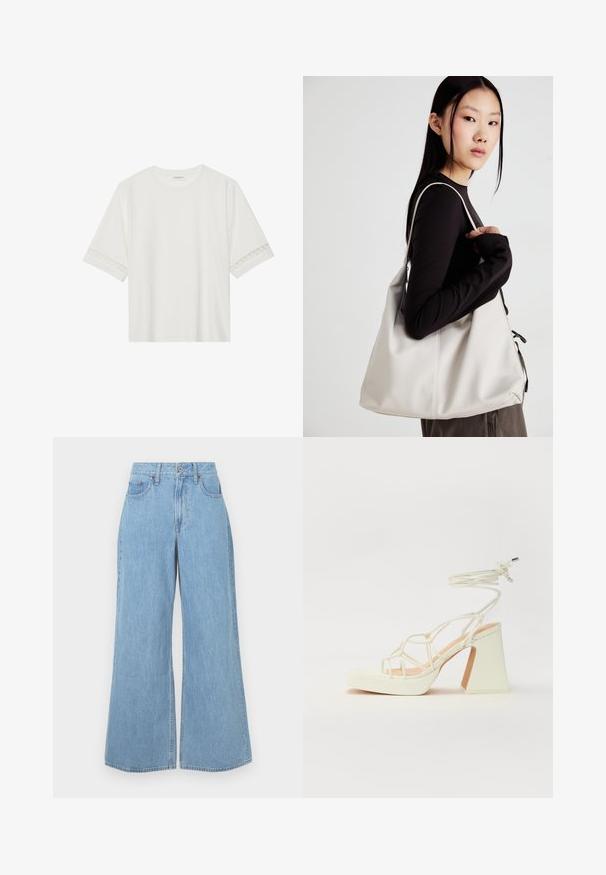 Camiseta blanca de manga corta hecha de algodón, con un ribete decorativo de encaje en las mangas y un escote redondo.; Jeans de pierna ancha en azul claro, confeccionados en denim, con una cintura alta, bolsillos delanteros y un dobladillo sin rematar, con un ligero desvanecimiento y un acabado texturizado.; Sandalia de tacón alto blanca con un tacón grueso, que presenta un diseño de tiras y un lazo en el tobillo. Textura suave con una plataforma en la parte delantera para mayor altura.; Bolso de mano beige hecho de material suave, con un diseño holgado, detalles cosidos y dos asas. Adecuado para uso diario.
