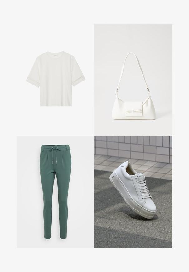 Hvid kortærmet t-shirt lavet af bomuld, med dekorativ blondekant langs ærmerne og en rund halsudskæring.; Grønne, slim-fit bukser med snoretræk i taljen, lavet af blødt stof. Har læg foran og tapered ben.; Hvide lædersneakers med lavt design, flade snører, rund tå og strukturerede sider. Tyk gummisål med diskrete detaljer.; Hvid syntetisk håndtaske med en trekantet form, flad forsideklap og sløjfedetalje, justerbar strop, glat tekstur og minimalistisk design.