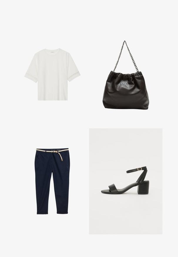 T-shirt bianco a maniche corte in cotone, con bordi in pizzo decorativi lungo le maniche e scollo rotondo.; Chino blu navy con una cintura intrecciata color crema. Presenta due tasche laterali, una vestibilità rilassata e risvolti alle caviglie. Tessuto in cotone.; Sandalo nero con tacco alto, caratterizzato da una tomaia in pelle liscia, punta aperta, ampie fasce frontali e cinturino a caviglia regolabile con un dettaglio in fibbia dorata.; Borsa in pelle marrone con parte superiore arricciata e tracolla a catena. Texture liscia con finitura lucida e dettagli di cucitura sottili sui lati.