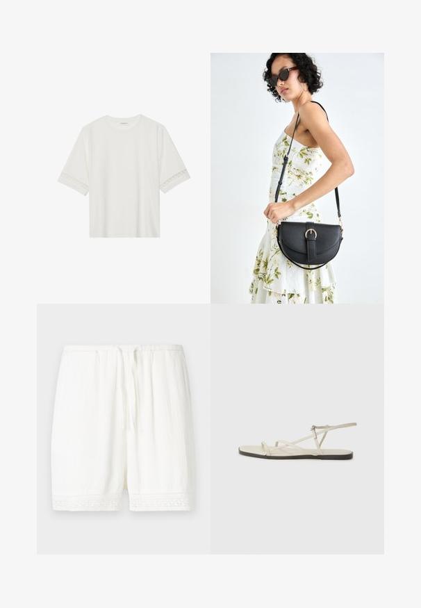 Bjela majica kratkih rukava od pamuka, s dekorativnom čipkastom obrubom duž rukava i okruglim izrezom.; Beli šortsevi izrađeni od laganog materijala, s teksturiranim završetkom i čipkastim rubom. Elastičan pojas s podesivom vezicom.; Bež sandala na ravnom potplatu s više tankih trakica i podesivom kopčom. Potplat je ravan s blagim tamnim kontrastom na rubu.; Crna kožna torba s lukovitim oblikom, odvojivim remenom i zlatnim detaljima. Torba ima preklop s kopčom.