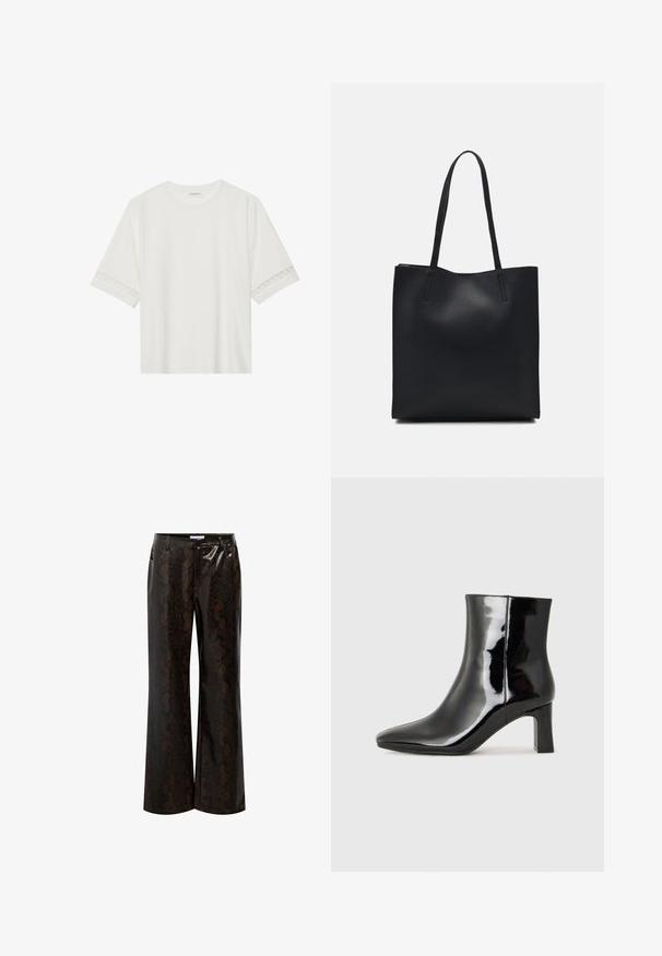 Camiseta blanca de manga corta hecha de algodón, con un ribete decorativo de encaje en las mangas y un escote redondo.; Pantalones de pierna ancha de estampado de serpiente marrón, confeccionados en material brillante, con cintura alta, bolsillos laterales y una textura suave.; Botín de charol negro con punta afilada y un tacón de bloque de altura media. Textura suave y diseño minimalista.; Bolso tote de cuero negro con textura lisa, forma rectangular y dos asas largas. Sin herrajes ni adornos visibles.