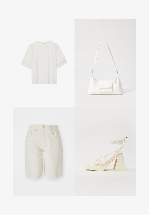 Bjela majica kratkih rukava od pamuka, s dekorativnom čipkastom obrubom duž rukava i okruglim izrezom.; Bež traperice kratke hlače s srednje visokim strukom, pet džepova i ravnim krojem. Tkanina izgleda izdržljivo s glatkom teksturom i rastrganim rubom.; Bijela sandala na visokoj potpetici s debelim petom, s remenom i vezanjem oko gležnja. Glatka tekstura s platformom sprijeda za dodatnu visinu.; Bijela sintetička torbica s trokutastim oblikom, ravnim prednjim poklopcem i detaljem u obliku mašne, podesivom remenom, glatkom teksturom i minimalističkim dizajnom.
