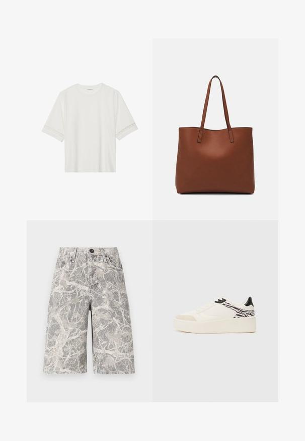 Hvit t-skjorte med kort erme laget av bomull, med dekorativ blondekant langs ermene og en rund halslinning.; Camo-mønstrede denimshorts i nuancer af grå og beige, med et klassisk fem-lommers design og metalknaplukning.; Even&Odd Joggesko - white/black; Brun lær tote veske med en jevn tekstur, åpen toppdesign og to skulderstropper. Har minimal søm og ingen synlige spiker.