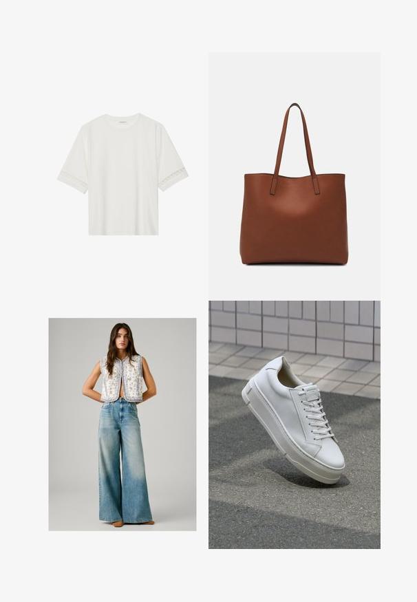 Hvit t-skjorte med kort erme laget av bomull, med dekorativ blondekant langs ermene og en rund halslinning.; Kvinne i ermeløs hvit blomstermønstret vest parret med høy midje og vide blekede blå jeans og brune sko, stående med hendene bak ryggen.; Hvite lær sneakers med lav toppdesign, flate lisser, avrundet tå og teksturerte sider. Tykk gummisåle med subtile detaljer.; Brun lær tote veske med en jevn tekstur, åpen toppdesign og to skulderstropper. Har minimal søm og ingen synlige spiker.