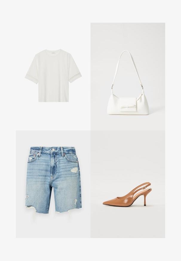 Valge lühikese varrukaga T-särk, mis on valmistatud puuvillast, kaunistatud pitsiga varrukate ääres ja ümmarguse kaelusega.; Heledad sinised teksapükse lühikesed püksid kõrge vöökohaga. Omavad kulunud detaile, kotilisi ääri ja mitmeid taskuid. Klassikaline viie tasku disain.; Küüntega slingback konts, mis on valmistatud siledast ja läikivast tan värvi materjalist. Omab kaarjat lõigatud disaini ja õhukest stiletto kontsa. Hõbedane pandla detail.; Valge sünteetilisest materjalist kott kolmnurkse kujuga, lame esiklapiga ja kaaredetailiga, reguleeritava rihmaga, sileda tekstuuriga ja minimalistliku disainiga.