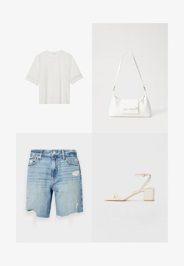 Tricou alb cu mânecă scurtă, confecționat din bumbac, cu dantelă decorativă pe marginea mânecilor și un guler rotund.; Șorturi din denim de culoare albastru deschis, cu talie înaltă. Au detalii uzate, cu o margine desfăcută și mai multe buzunare. Design clasic cu cinci buzunare.; Sandală bej cu toc bloc, realizată dintr-un material neted, având o brățară subțire la gleznă și o curea la vârf elegantă, decorată cu perle. Talpă plată.; Geantă sintetică albă, cu formă triangulară, capac frontal plat și detaliu cu fundă, curea ajustabilă, textură netedă și design minimalist.
