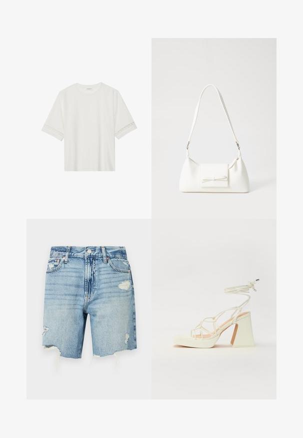 White short-sleeve t-shirt made from cotton, featuring decorative lace trim along the sleeves and a round neckline.; Light blue denim shorts with a high waist. Features distressed details with frayed hem and multiple pockets. Classic five-pocket design.; White high-heeled sandal with a chunky heel, featuring a strappy design and ankle tie. Smooth texture with a platform front for added height.; White synthetic handbag with a triangular shape, flat front flap and bow detail, adjustable strap, smooth texture, and minimalistic design.