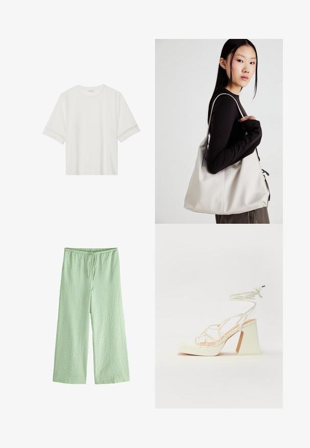 Valge lühikese varrukaga T-särk, mis on valmistatud puuvillast, kaunistatud pitsiga varrukate ääres ja ümmarguse kaelusega.; Next TEXTURED STRIPE WIDE LEG PETITE - Püksid - green; Valged kõrge kontsaga sandaalid, millel on paks konts ja rihmadega disain koos pahkluu sidumisega. Sile tekstuur ja platvorm ees, et lisada kõrgust.; Bež käekott pehme materjali, millel on lõtv disain, õmblustega detailid ja kaks õlarihma. Sobib igapäevaseks kasutamiseks.