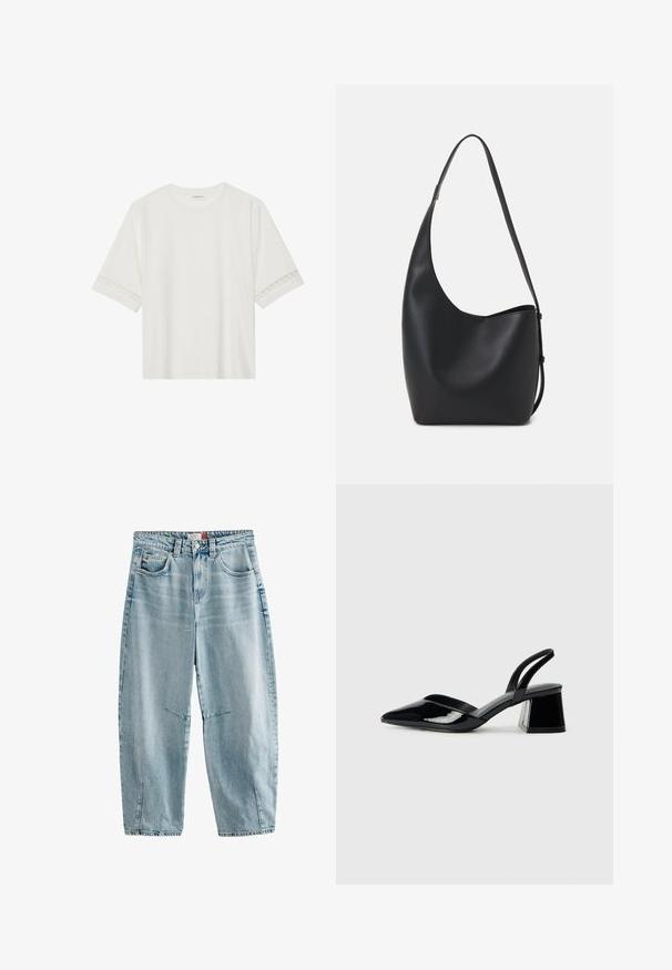 Bjela majica kratkih rukava od pamuka, s dekorativnom čipkastom obrubom duž rukava i okruglim izrezom.; Svijetloplave traperice visokog struka, opuštenog kroja, s dva prednja džepa, diskretnim izblijedjenjem i bočnim prorezima na rubu.; Crne lakirane kožne sandale s otvorenom petom i špicastim vrhom, s geometrijskom blok petom. Imaju elegantan, minimalistički dizajn i glatku teksturu.; Crna kožna hobo torba s glatkom teksturom, zakrivljenim oblikom i jednom podesivom trakicom; ima širok otvor na vrhu.