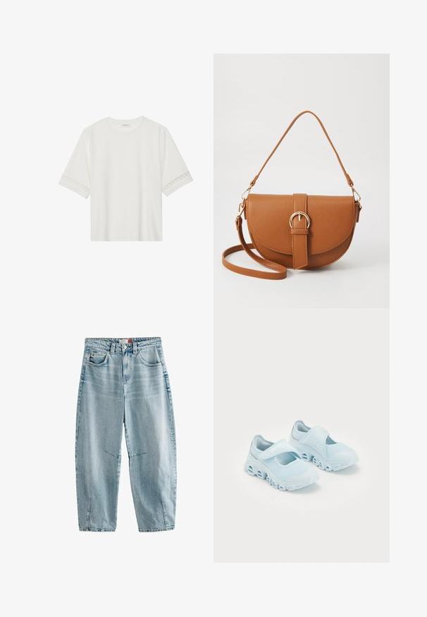 Camiseta blanca de manga corta hecha de algodón, con un ribete decorativo de encaje en las mangas y un escote redondo.; Vaqueros de mezclilla de color azul claro con cintura alta, corte relajado, dos bolsillos frontales, un ligero desvanecimiento y aberturas en los laterales del dobladillo.; Zapatillas azul claro con tela de malla, cortes prominentes en la suela y una correa de velcro en la parte superior para un ajuste seguro.; Bolso bandolera de cuero marrón con forma curvada, herrajes dorados y un acento de hebilla. Incluye una correa de hombro desmontable.
