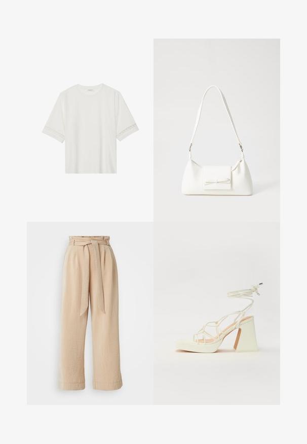 T-shirt branco de manga curta feito de algodão, com bainha de renda decorativa nas mangas e decote redondo.; Calças de perna larga bege com cintura cingida, feitas de tecido texturizado. Apresenta um plissado frontal e um acabamento suave na bainha.; Sandálias brancas de salto alto com um salto robusto, apresentando um design com tiras e amarração no tornozelo. Textura suave com uma plataforma na frente para altura adicional.; Mala sintética branca com formato triangular, aba frontal plana e detalhe de laço, alça ajustável, textura suave e design minimalista.