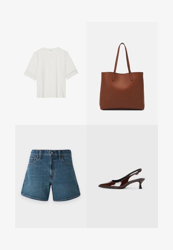 T-shirt branco de manga curta feito de algodão, com bainha de renda decorativa nas mangas e decote redondo.; Calções de ganga numa tonalidade azul médio, com um corte reto, design tradicional de cinco bolsos e costuras contrastantes ao longo das bordas.; Sapato slingback em pele sintética castanha com bico pontiagudo e salto moderado. Apresenta uma fivela para um ajuste seguro. Textura suave.; Bolsa tote de couro castanho com uma textura suave, design de abertura superior e duas alças para o ombro. Apresenta costura mínima e sem hardware visível.