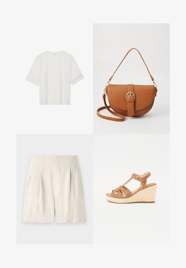 Witte korte mouwen t-shirt van katoen, met een decoratieve kantafwerking langs de mouwen en een ronde halslijn.; Lichtbeige linnen shorts met een op maat gemaakt ontwerp, voorzien van plooien en een schone, rechte snit. Glad textuur, geen zichtbare hardware of accenten.; Tan wedge sandalen met een kruisbandontwerp, verstelbare enkelgesp en een gestructureerde geweven espadrille-achtige wig.; Bruine leren schoudertas met een gebogen vorm, gouden hardware en een gespaccent. Bevat een afneembare schouderriem.