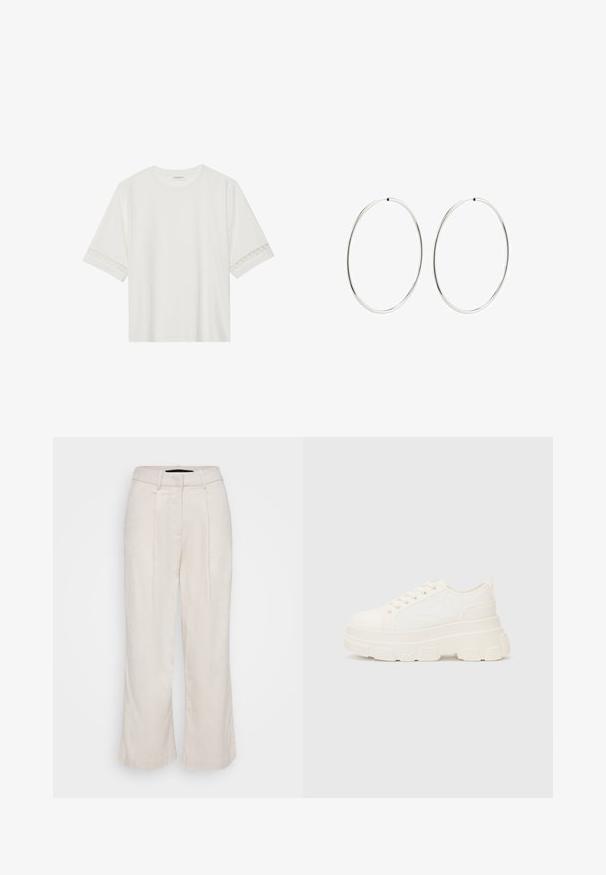 White short-sleeve t-shirt made from cotton, featuring decorative lace trim along the sleeves and a round neckline.; Beige linen trousers with a high waist, pleated front, and wide legs. Features a clean-cut design and textured fabric for breathability.; White canvas sneaker with a chunky sole, rounded toe, and five eyelets for laces. Back tab for easy wear. Smooth texture, minimalist design.; Silver hoop earrings with a smooth, round design and a polished finish. They are thin and lightweight, featuring a simple clasp closure.