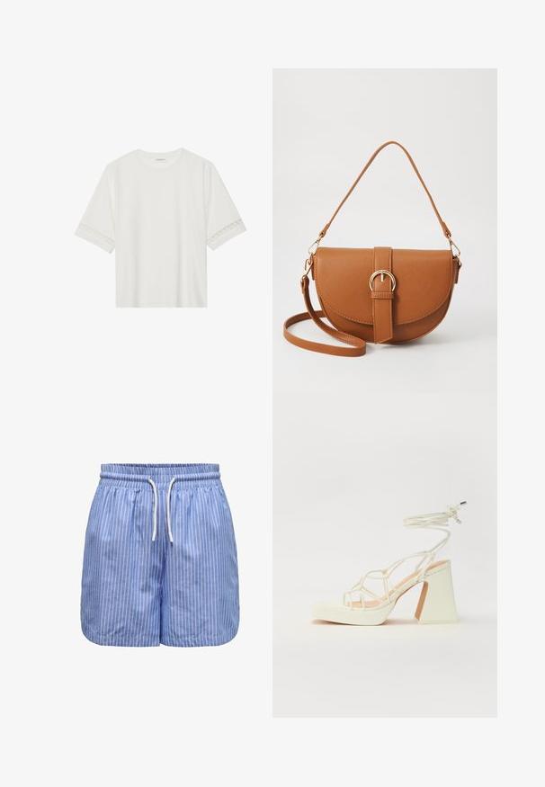 White short-sleeve t-shirt made from cotton, featuring decorative lace trim along the sleeves and a round neckline.; Blue and white striped shorts with an elastic waistband and drawstring, featuring lightweight fabric and a relaxed fit for comfort.; White high-heeled sandal with a chunky heel, featuring a strappy design and ankle tie. Smooth texture with a platform front for added height.; Brown leather crossbody bag with a curved shape, gold hardware, and a buckle accent. Features a detachable shoulder strap.