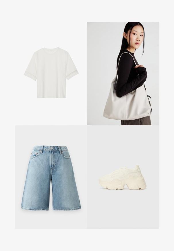 White short-sleeve t-shirt made from cotton, featuring decorative lace trim along the sleeves and a round neckline.; Light blue denim shorts with a loose fit, mid-rise waist, five pockets, and contrasting stitch details. The fabric has a soft texture.; Chunky white sneakers made of textured mesh and synthetic materials, featuring a thick sole and intricate pattern details along the sides.; Beige handbag made of soft material, featuring a slouchy design, stitched detailing, and two shoulder straps. Suitable for everyday use.