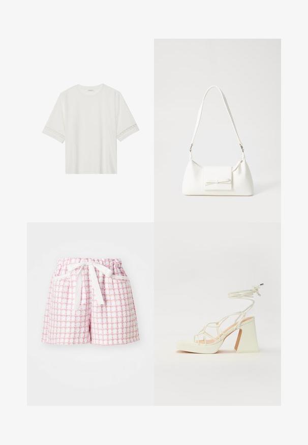 Camiseta blanca de manga corta hecha de algodón, con un ribete decorativo de encaje en las mangas y un escote redondo.; Pantalones cortos a cuadros blancos y rosas con una tela texturizada, que cuentan con una cintura elástica y un lazo atado en la parte delantera. Dos bolsillos laterales.; Sandalia de tacón alto blanca con un tacón grueso, que presenta un diseño de tiras y un lazo en el tobillo. Textura suave con una plataforma en la parte delantera para mayor altura.; Bolso sintético blanco con forma triangular, tapa frontal plana y detalle de lazo, correa ajustable, textura suave y diseño minimalista.
